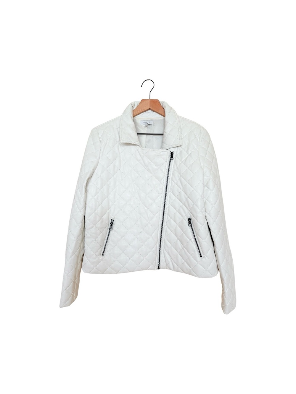 J. Society  Off-White Quilted Asymmetrical Zip Lined Pockets Bomber Jacket. L